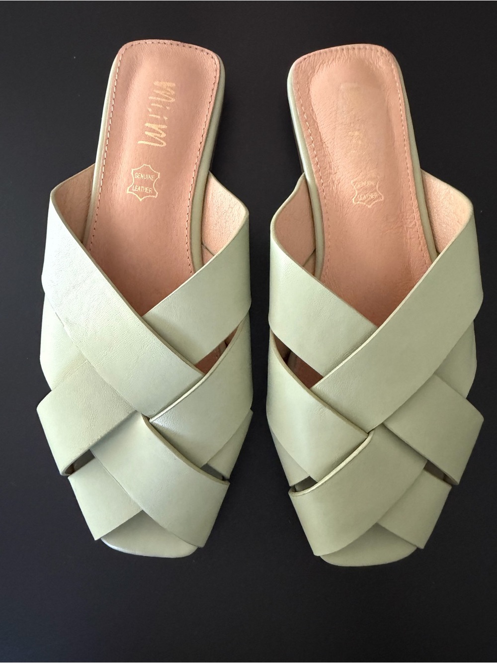 Mi.iM Sandals 7.5 Sage Green Genuine Leather Woven Strappy Square Toe Slides